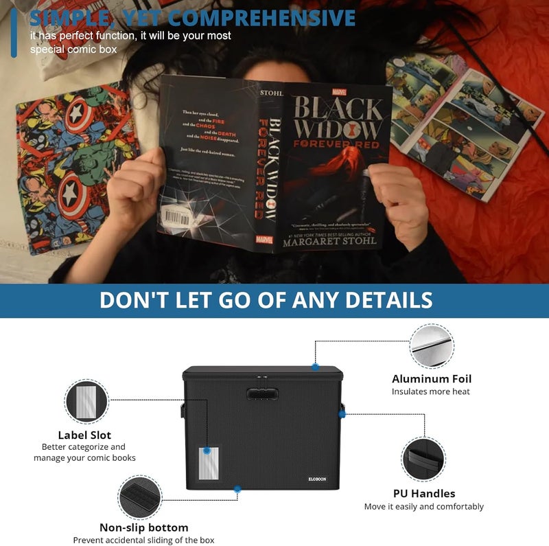 ELOBOON 5200 Fireproof Book Storage for 150-175 Comics, Water-Resistant & Moistureproof Stackable Box With Label Window and Lock, Sturdy Short Case With Fire Zipper, Black - Image 4